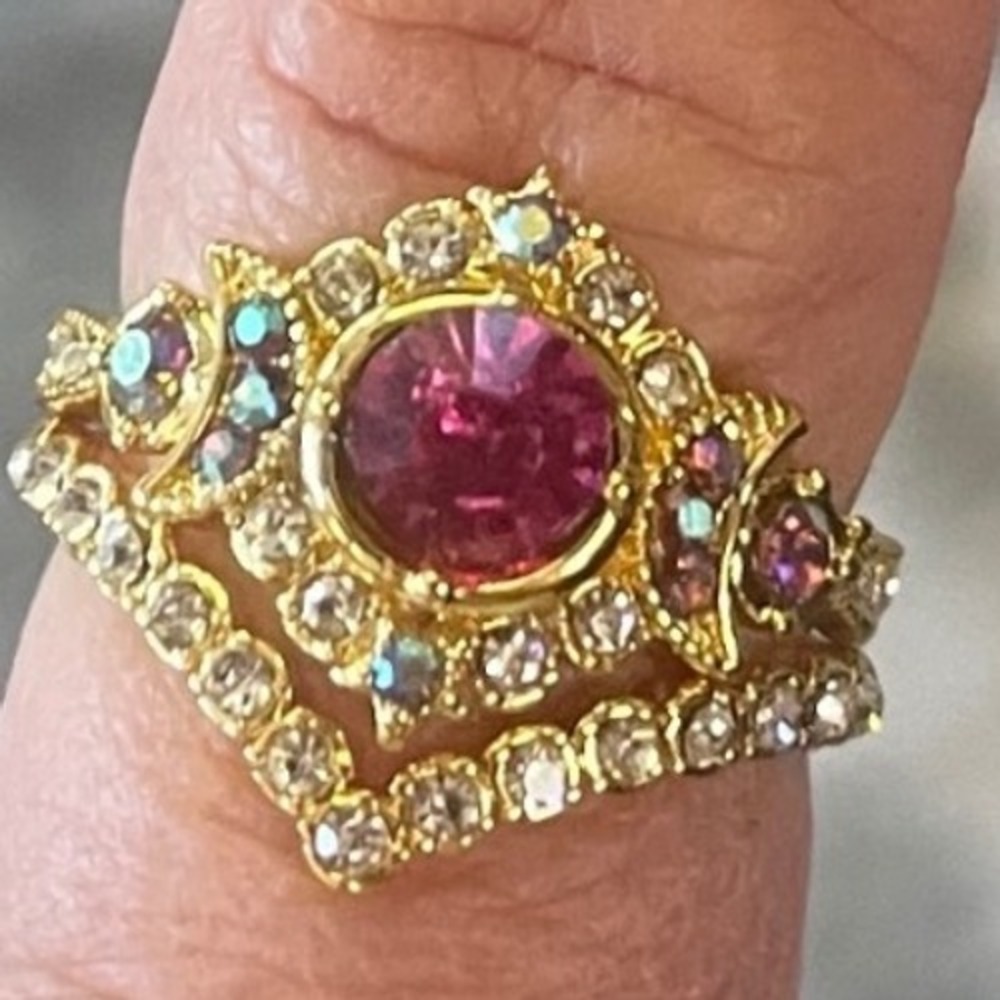 Celestial Moon Gold Tone Magenta Crystal Ring Set 2 Piece Stackable Boho Band
